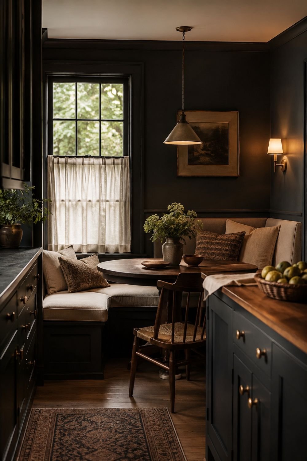 Cozy breakfast nook in dark cottagecore kitchen with cushioned seating