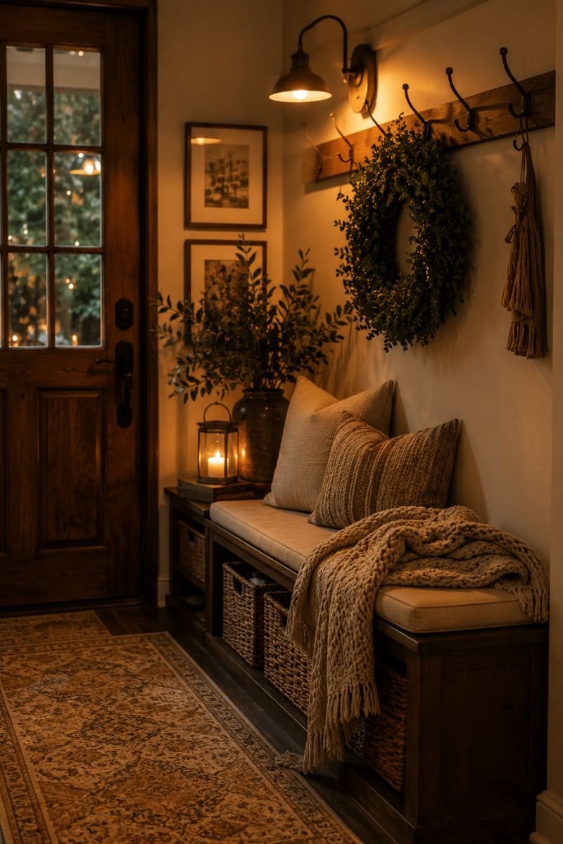 Cozy entryway with bench and warm lighting creating welcoming space