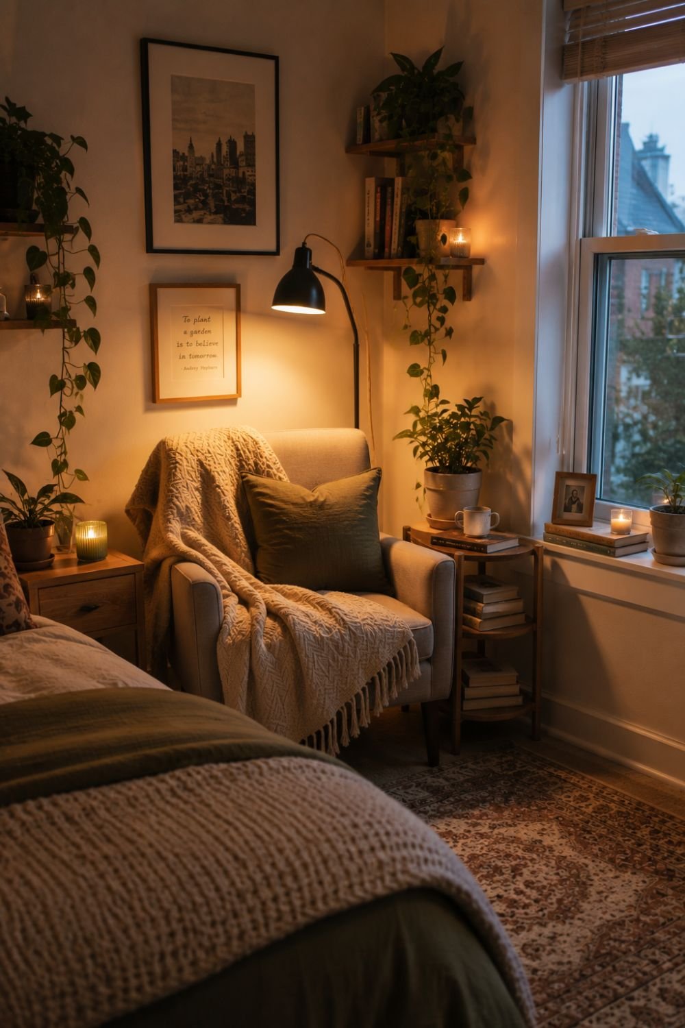 Cozy reading corner in apartment bedroom