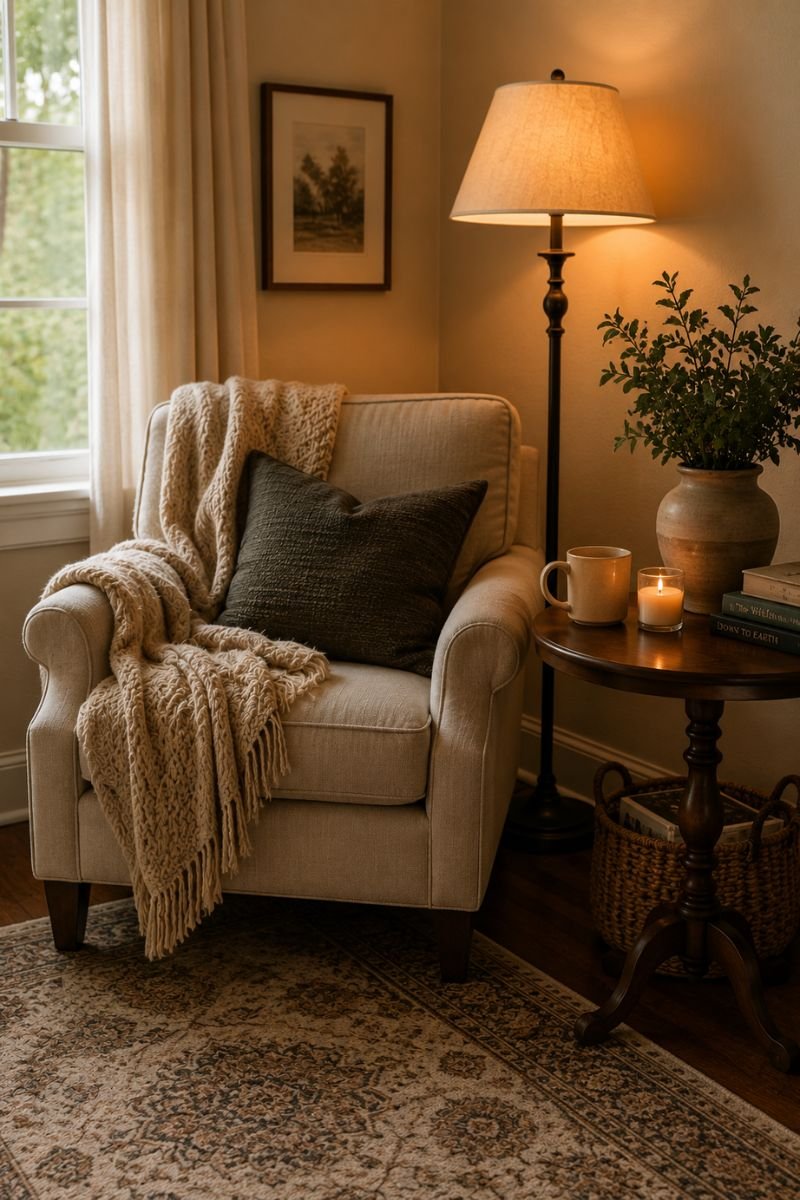 Cozy reading nook with chair, blanket and lamp