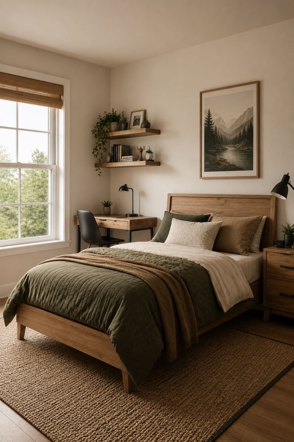 Cream walls creating warm versatile boys bedroom