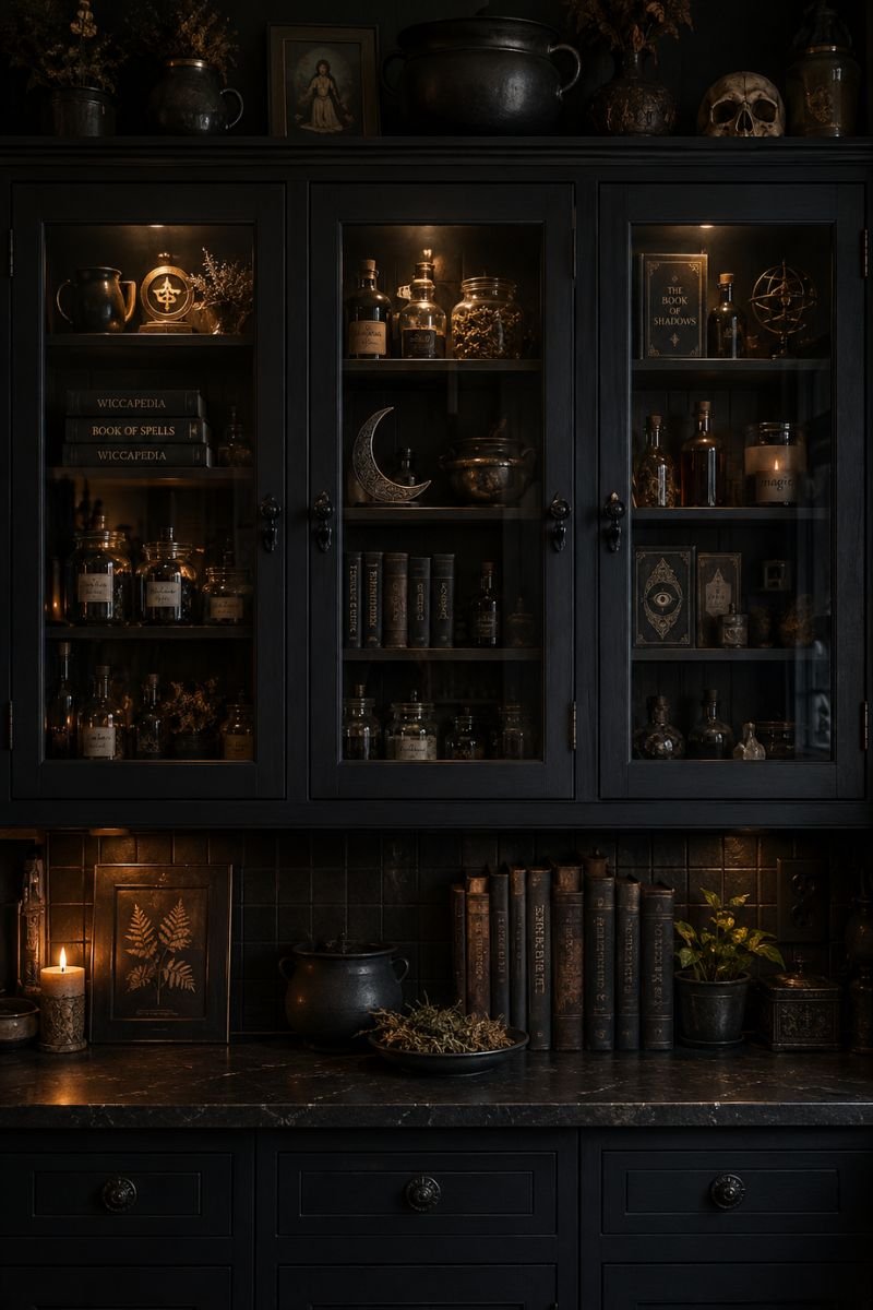 Dark black cabinet doors in witchy kitchen revealing potion display