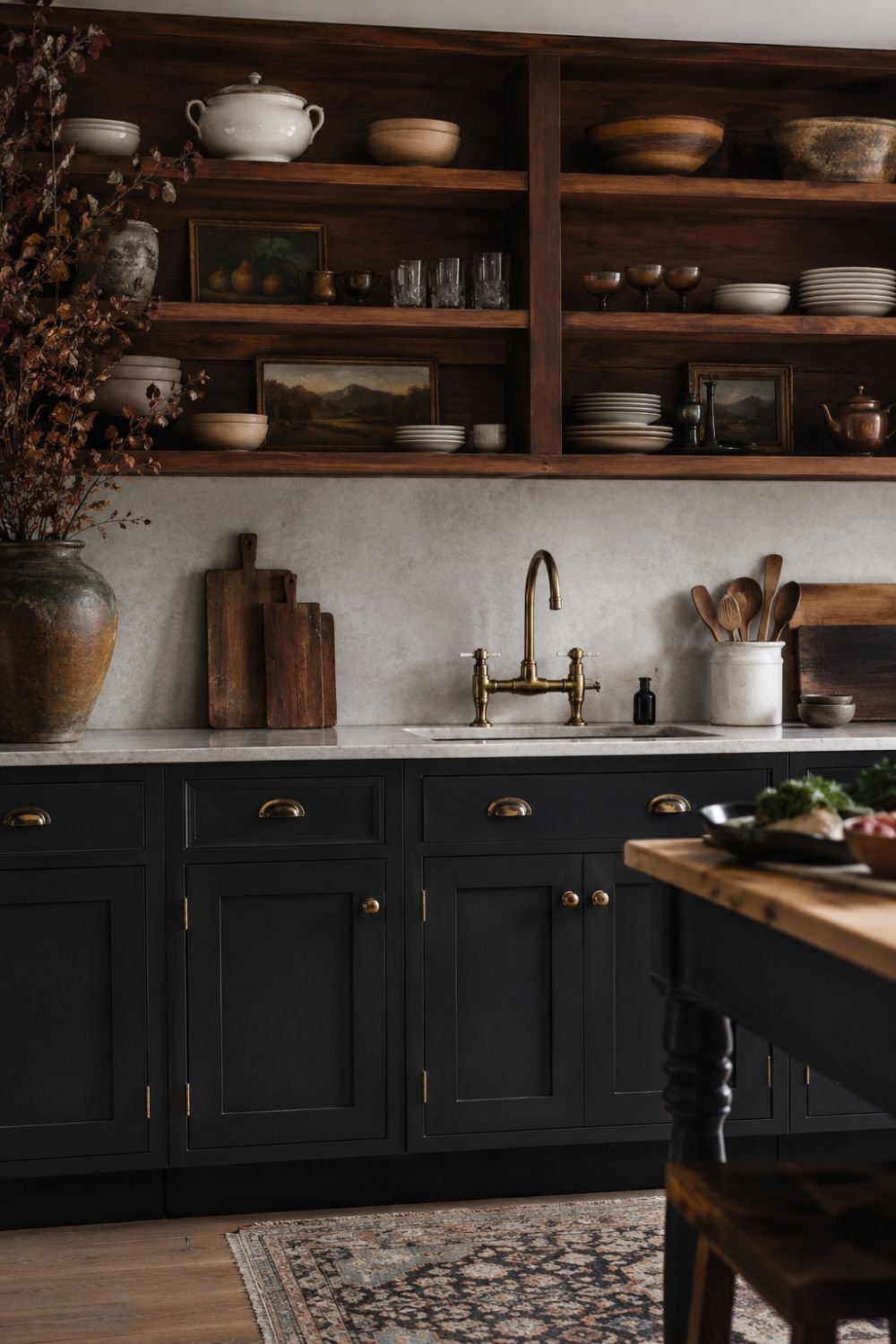 Dark cabinets with natural wood open shelving above in cottagecore kitchen