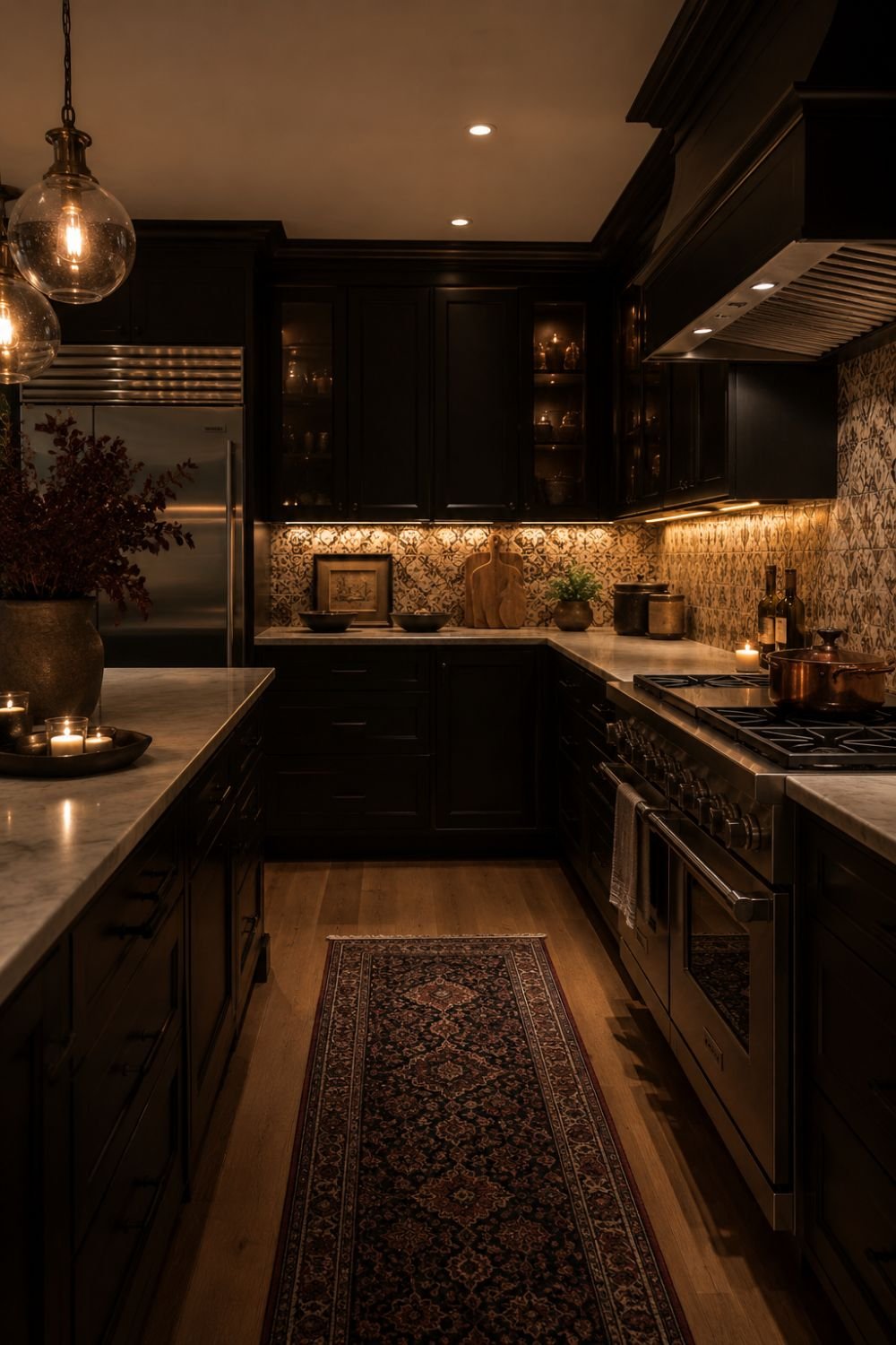 Dark cottagecore kitchen with layered warm lighting creating cozy atmosphere