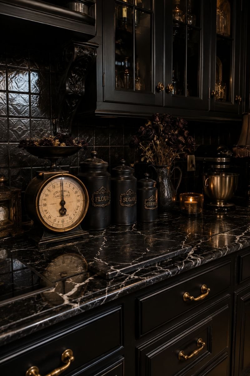 Dark countertop accessories in witchy kitchen creating moody aesthetic