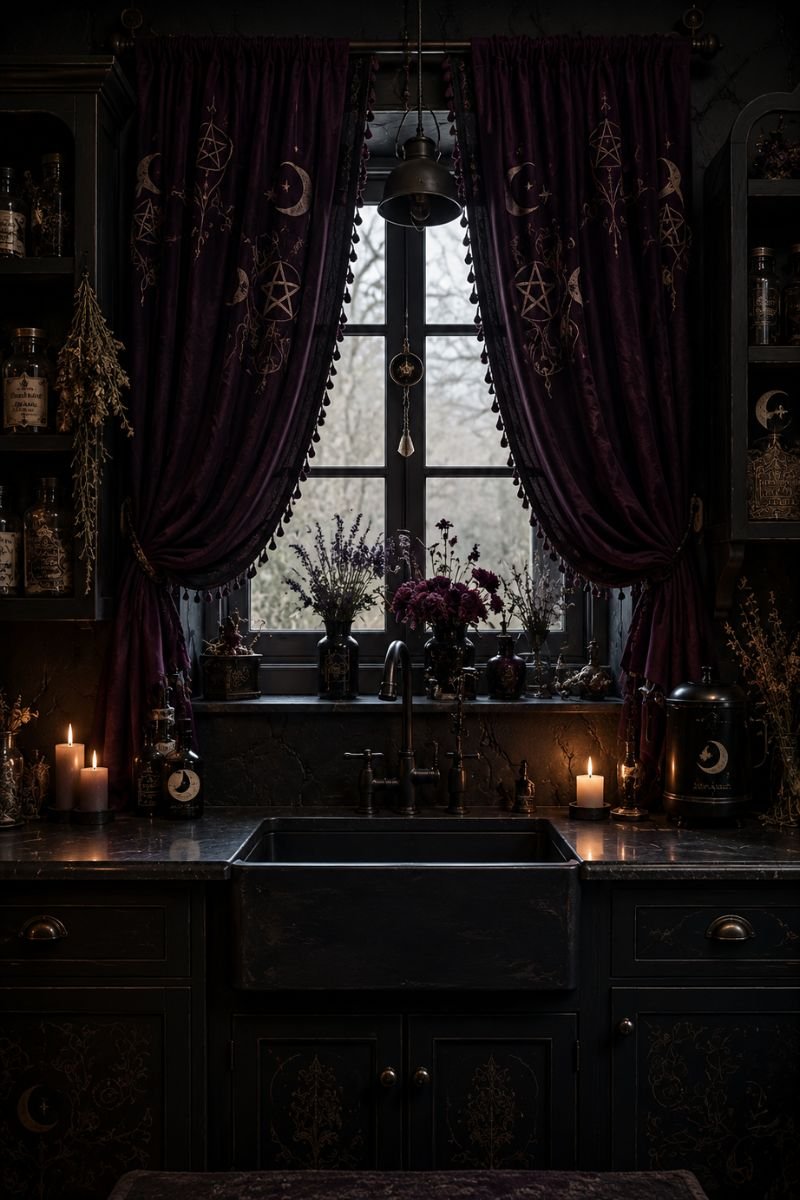 Dark curtains with witchy lace pattern on kitchen window