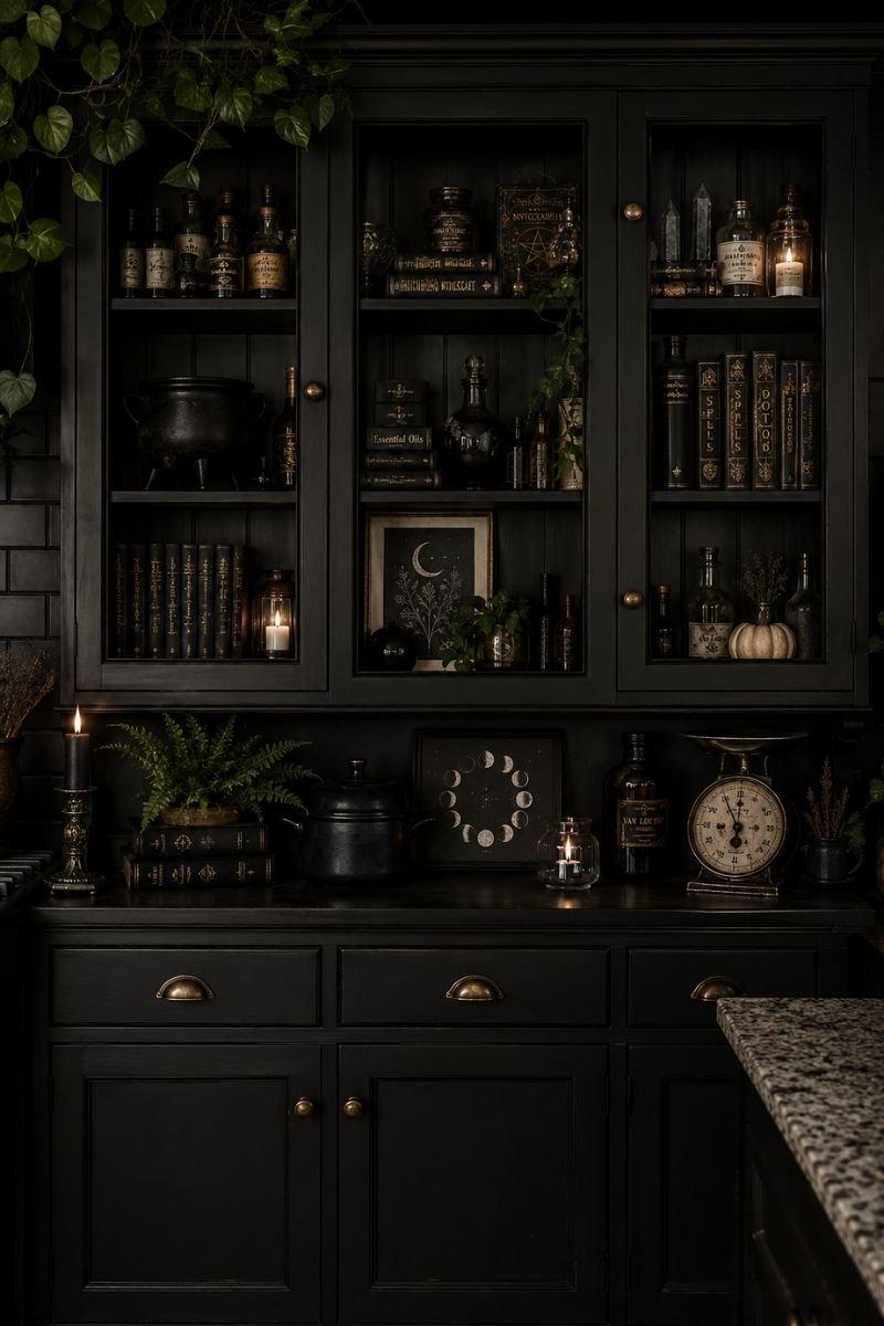 Dark hutch displaying witchy collections in spooky kitchen