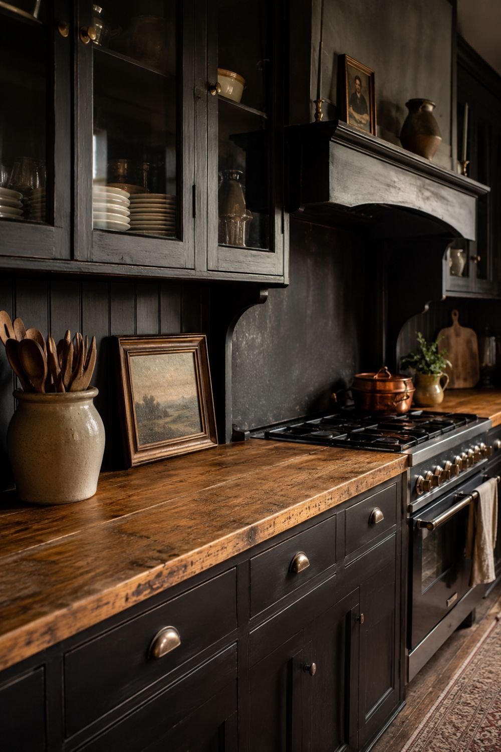 Dark kitchen cabinets with warm butcher block wood countertop