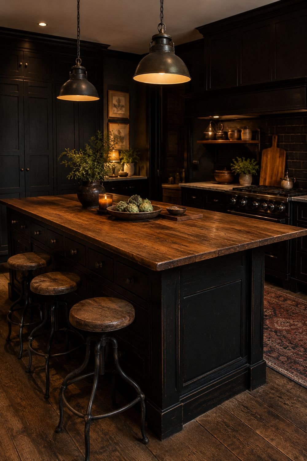 Dark kitchen island with wood top and vintage stools