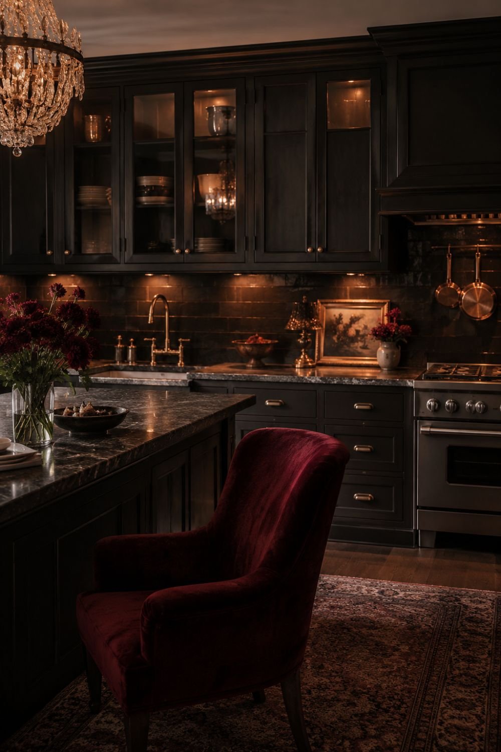 Dark kitchen with jewel-toned accents creating moody cottagecore mood