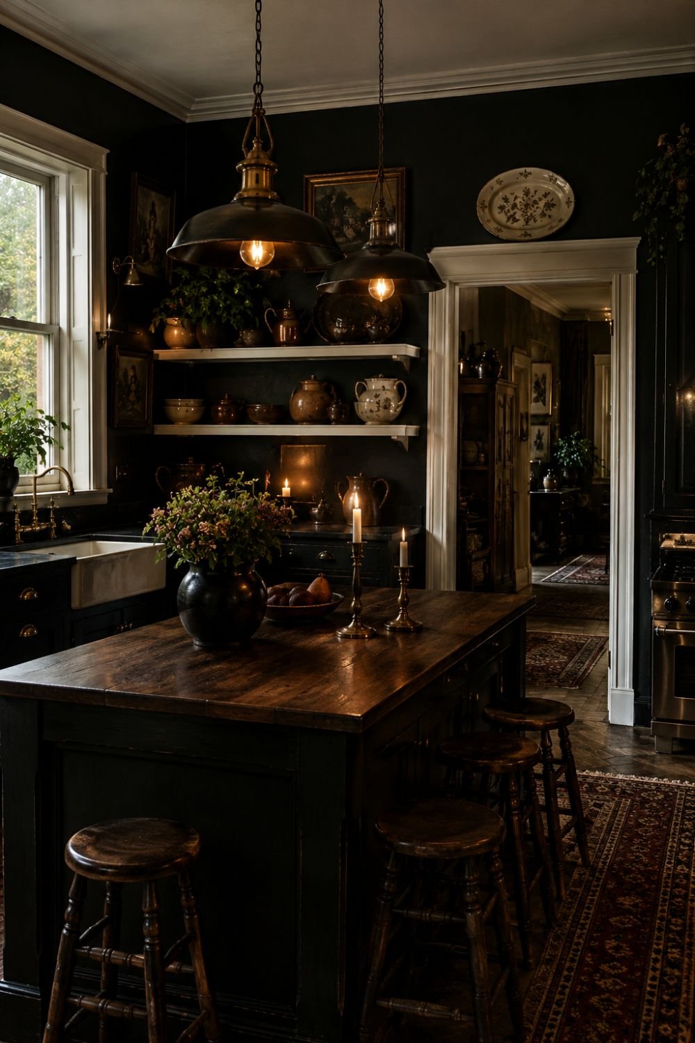 Dark kitchen with white trim creating visual breaks