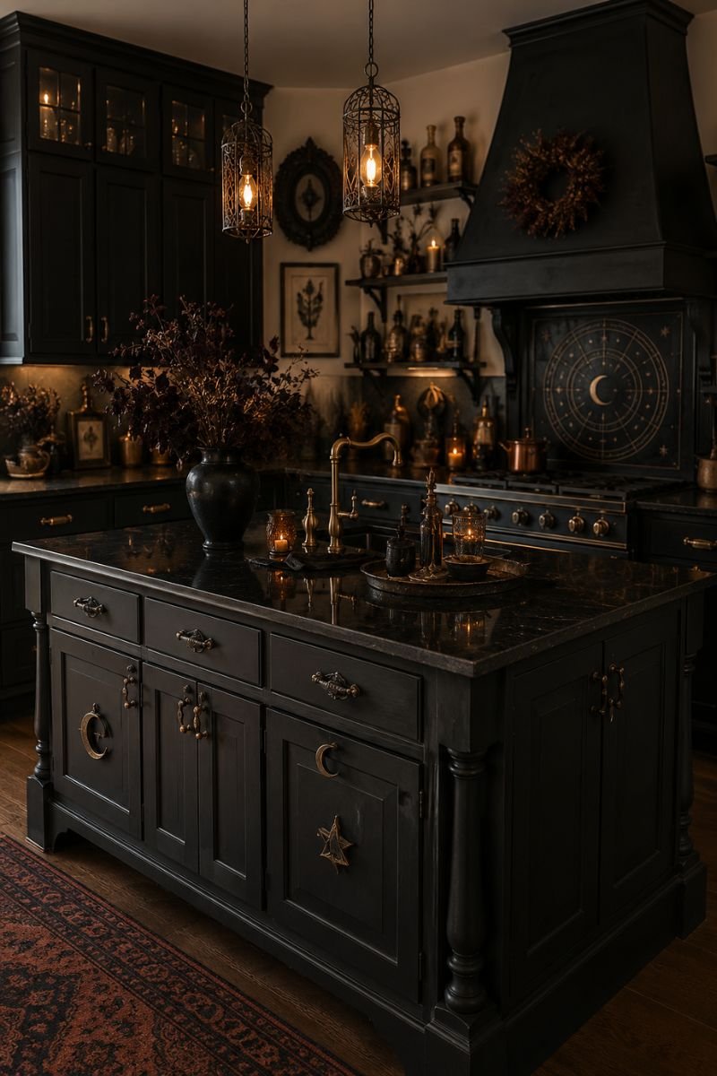 Dark painted kitchen island creating witchy kitchen centerpiece