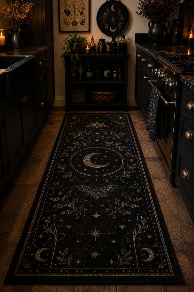 Dark patterned rug with moon symbols in witchy kitchen