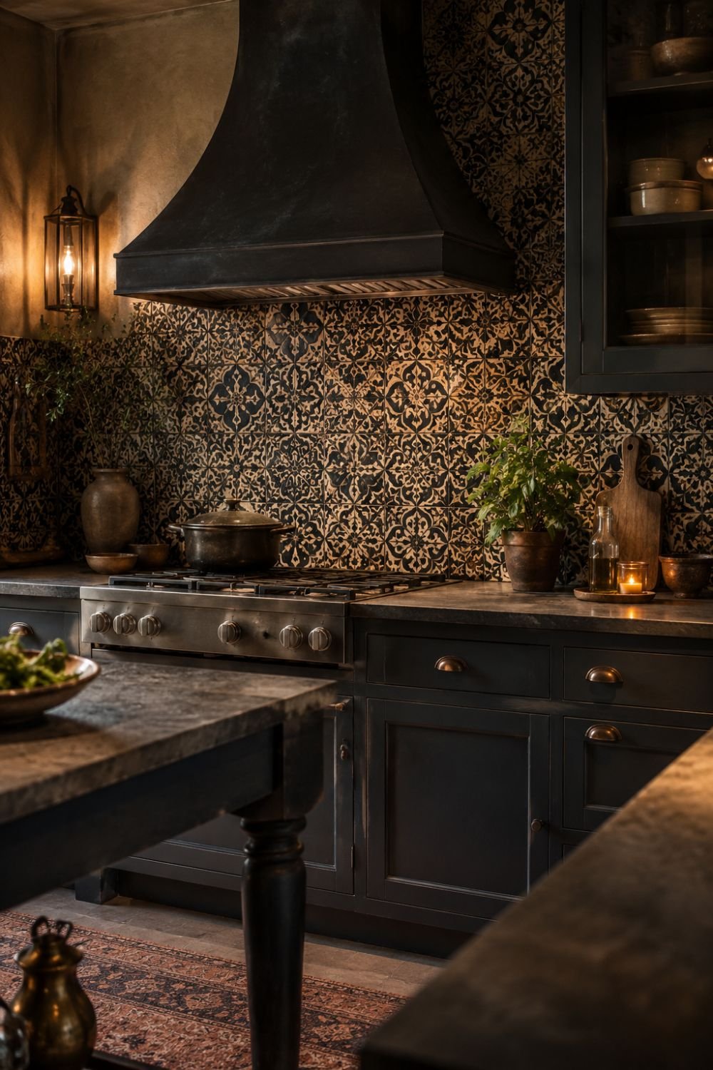 Dark patterned vintage tile backsplash in cottagecore kitchen