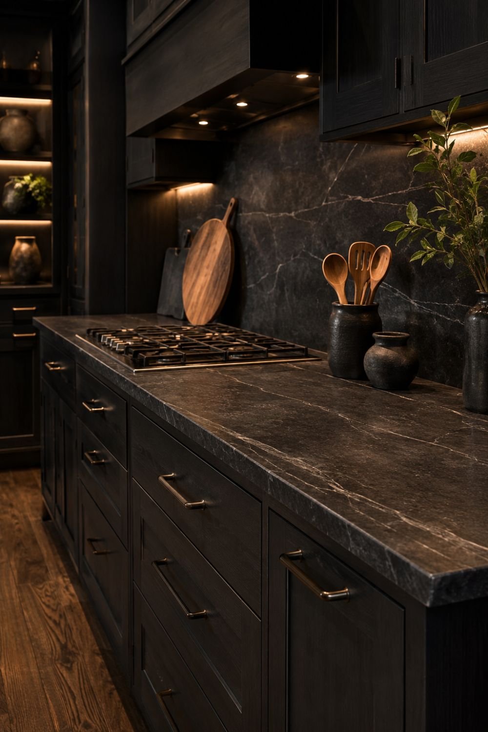 Dark stone countertop in cottagecore kitchen