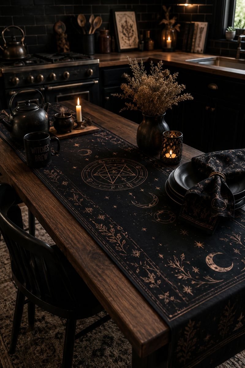 Dark table runner and black textiles in witchy kitchen