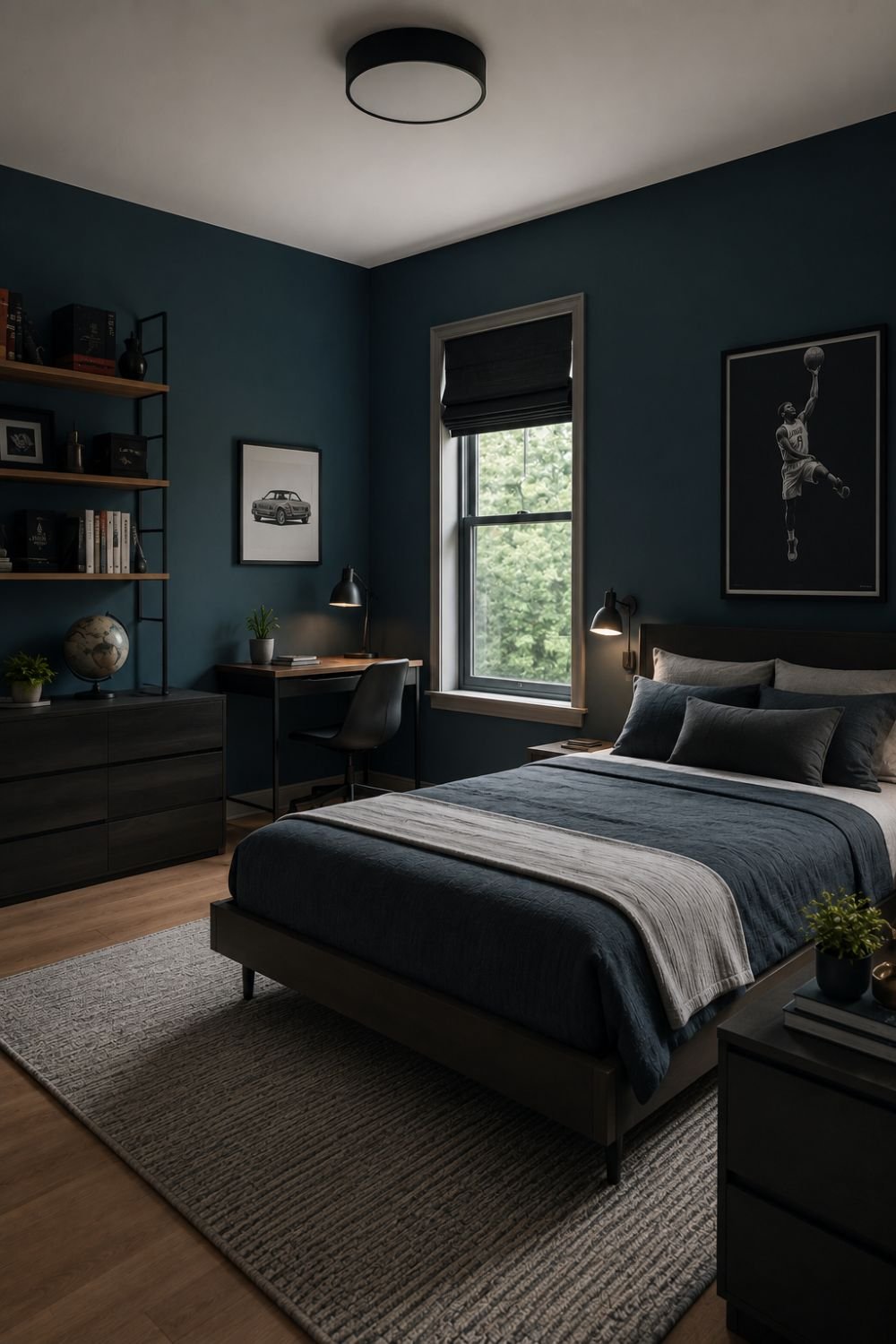 Dark teal walls creating bold modern boys bedroom