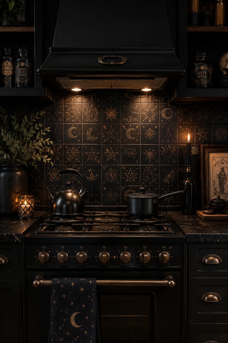 Dark witchy backsplash with moon and star pattern in kitchen