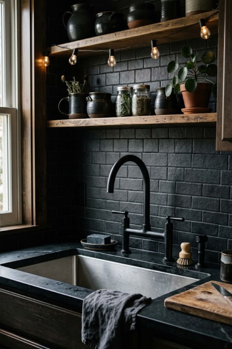 Dark witchy sink area with black faucet and dark backsplash