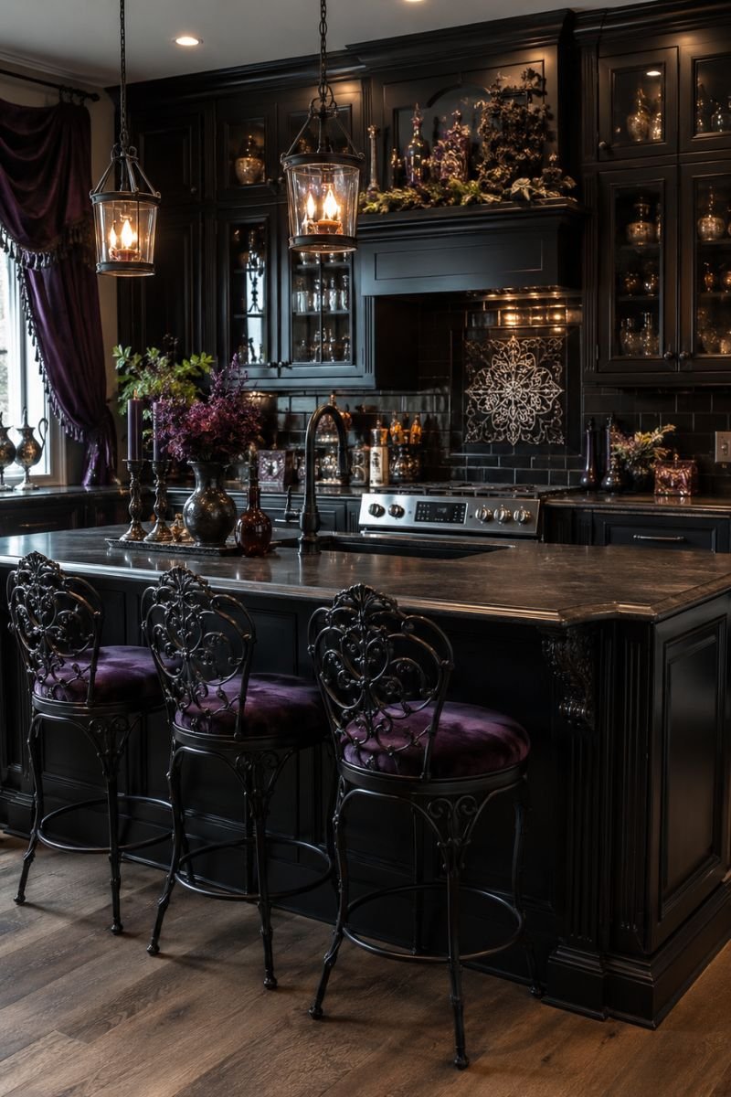 Dark witchy stools with ornate frames at kitchen island