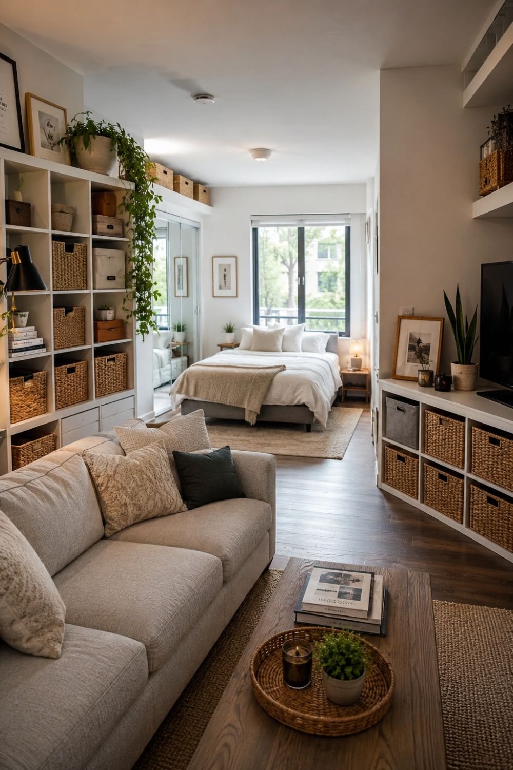 Decorative baskets and boxes providing storage in studio apartment