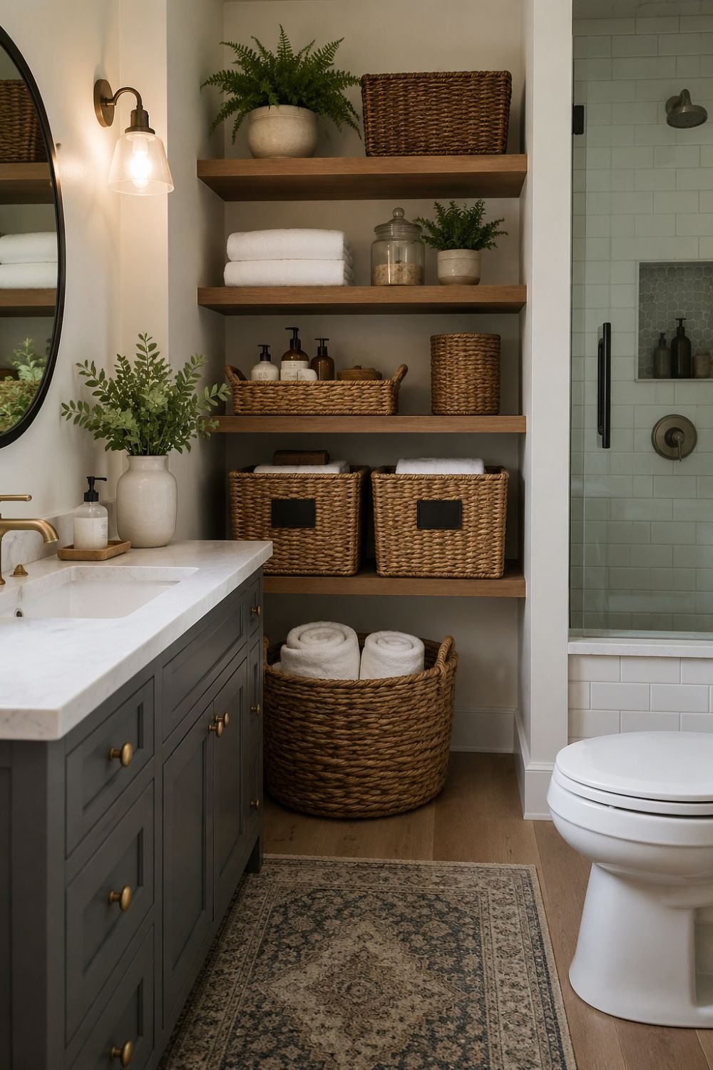 Decorative baskets creating organized storage in fresh bathroom"