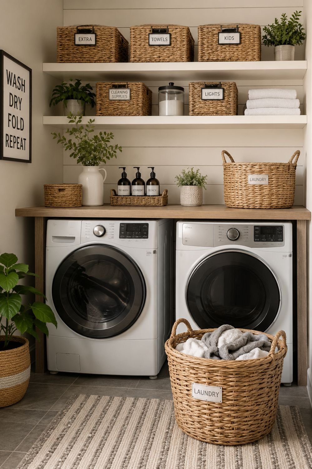 Decorative baskets organizing laundry room storage beautifully
