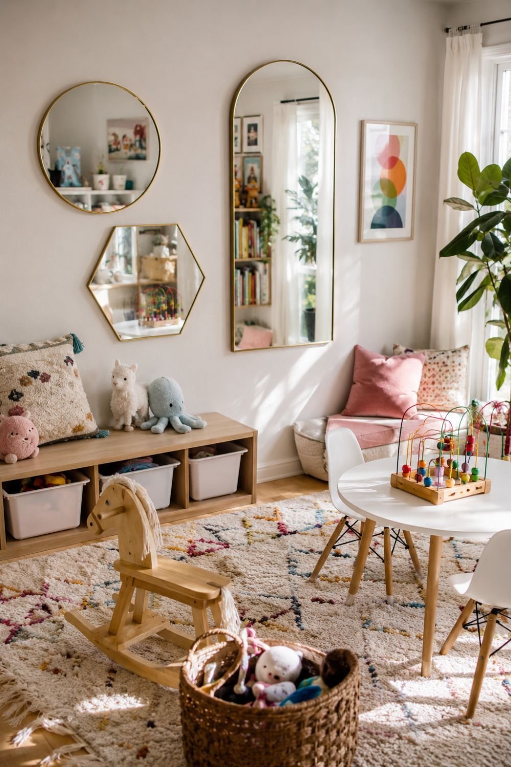 Decorative mirrors on playroom wall reflecting colorful design