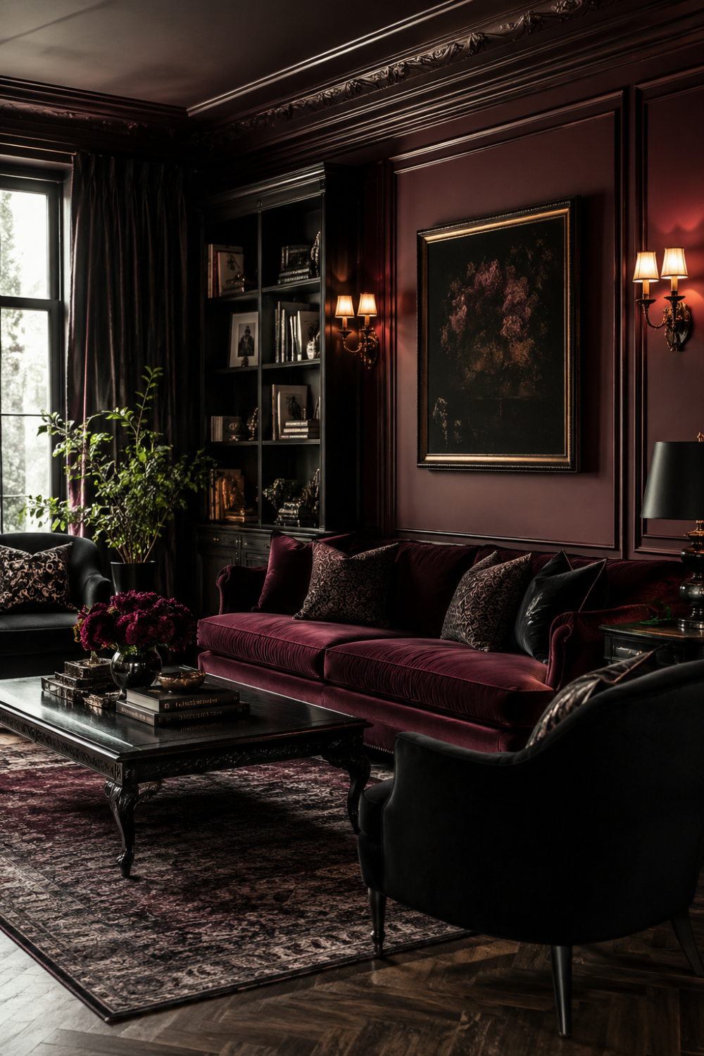 Deep burgundy walls creating dramatic moody opera aesthetic space
