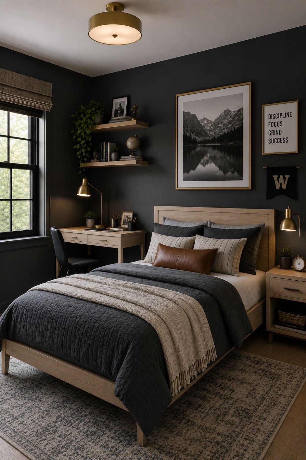 Deep charcoal walls creating bold mature boys bedroom