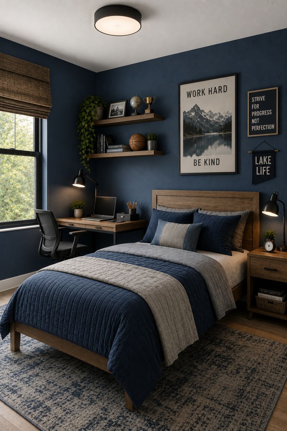 Denim blue walls creating modern accessible boys bedroom