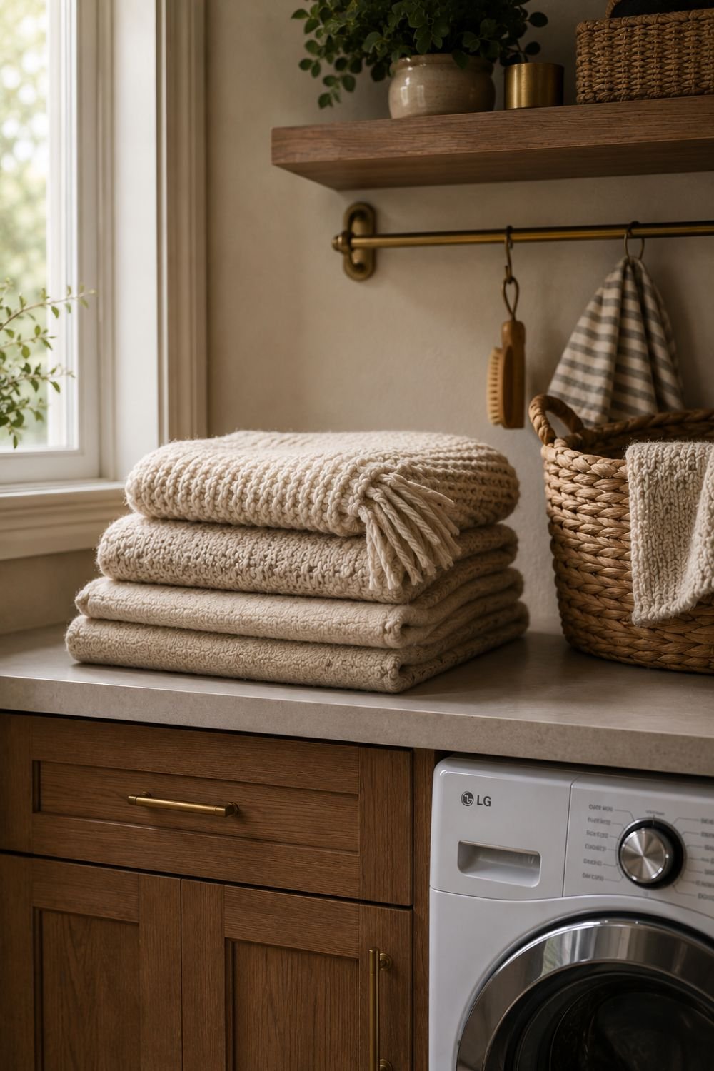 folded wool blankets in laundry room