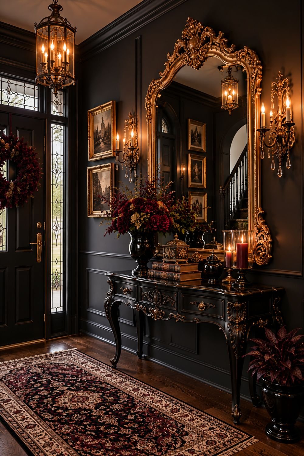 Dramatic entryway with dark walls and ornate mirror creating opera welcome