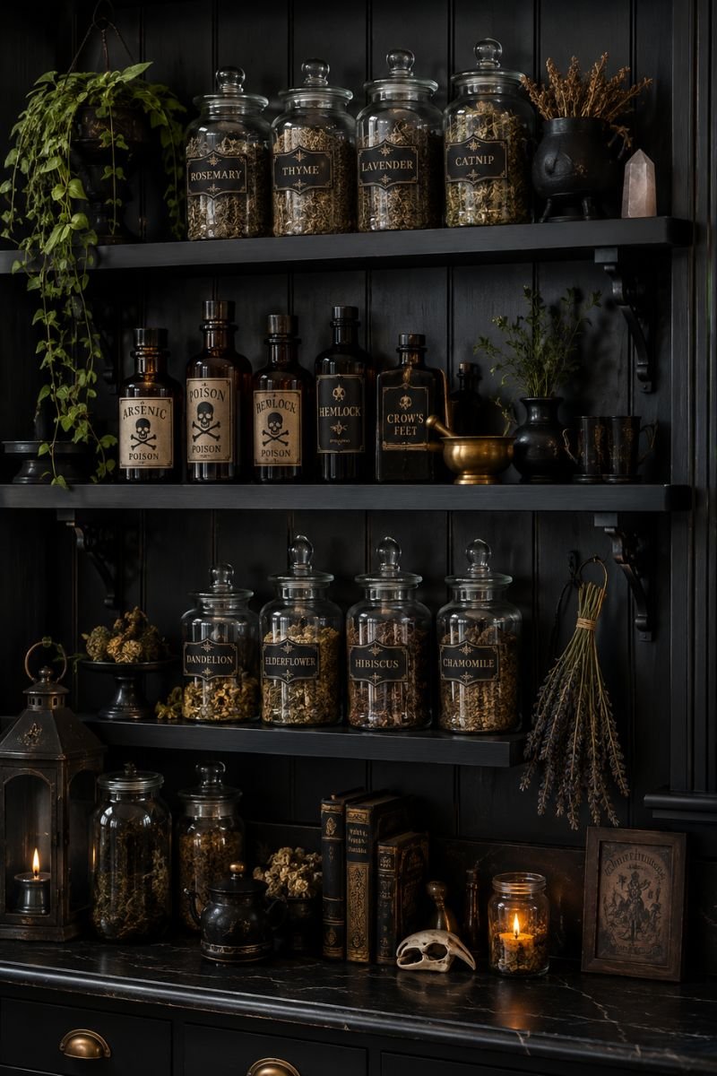 Dried herbs and apothecary jars displayed on witchy kitchen shelf