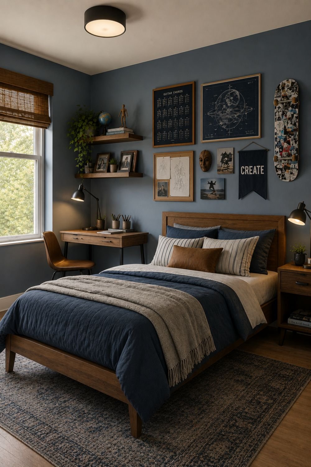 Dusty blue walls creating calm artistic boys bedroom