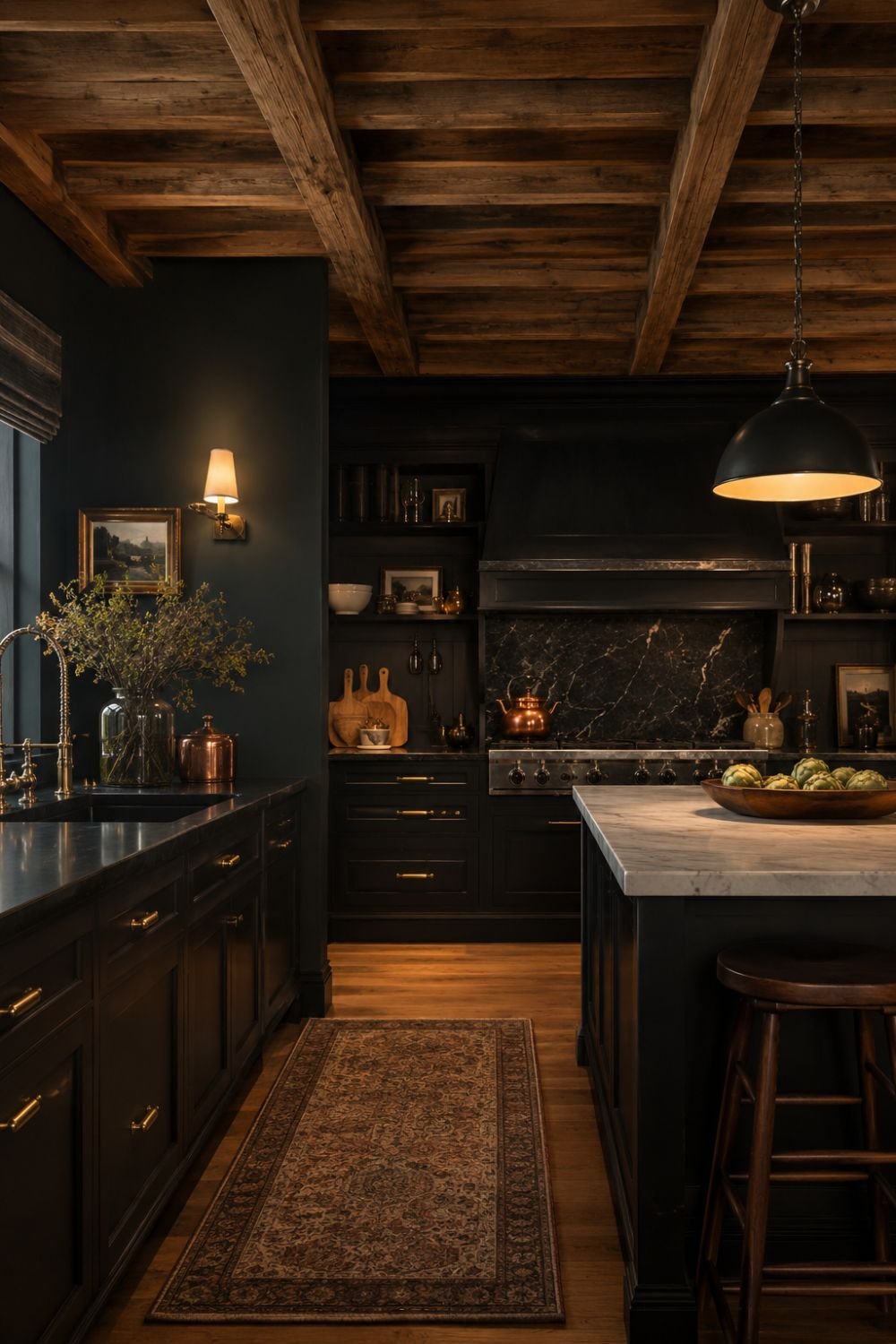 Exposed wooden beams on ceiling in dark cottagecore kitchen