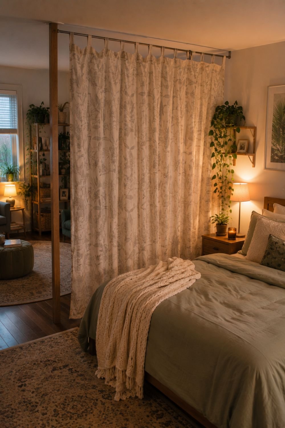 Fabric panel creating defined space in apartment bedroom