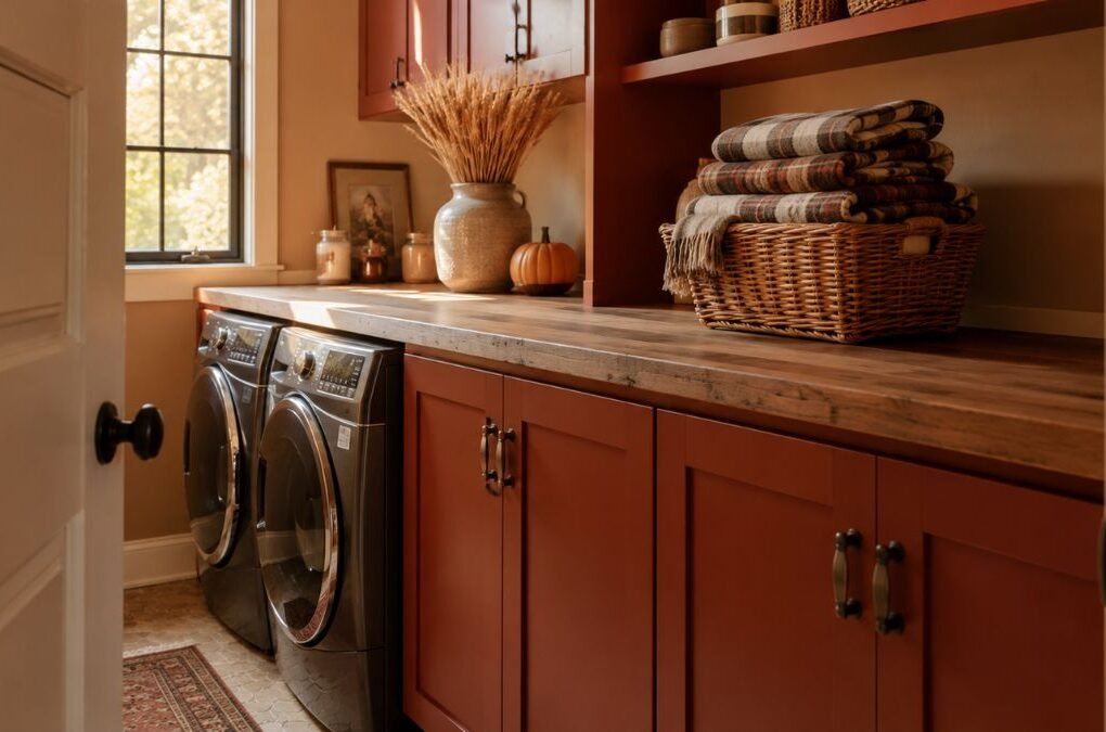 cozy fall laundry room with terracotta cabinets and autumn styling