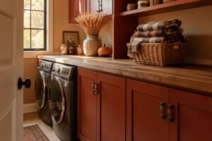 cozy fall laundry room with terracotta cabinets and autumn styling