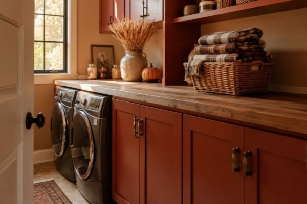 cozy fall laundry room with terracotta cabinets and autumn styling