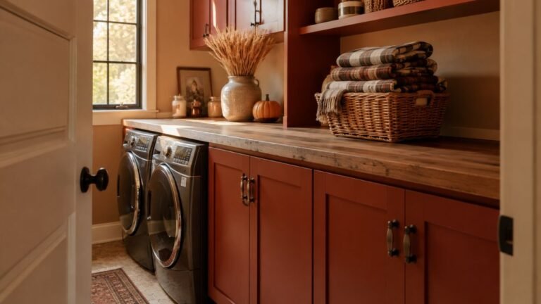 cozy fall laundry room with terracotta cabinets and autumn styling