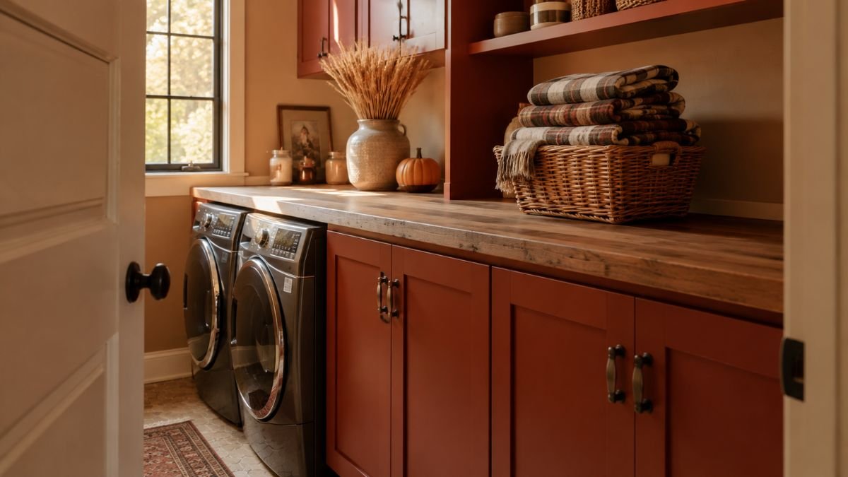 cozy fall laundry room with terracotta cabinets and autumn styling