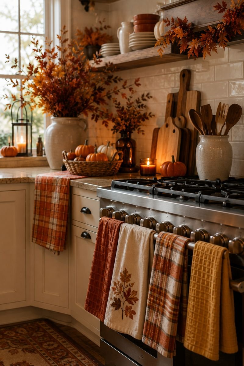 Fall-colored dish towels and textiles in Thanksgiving kitchen