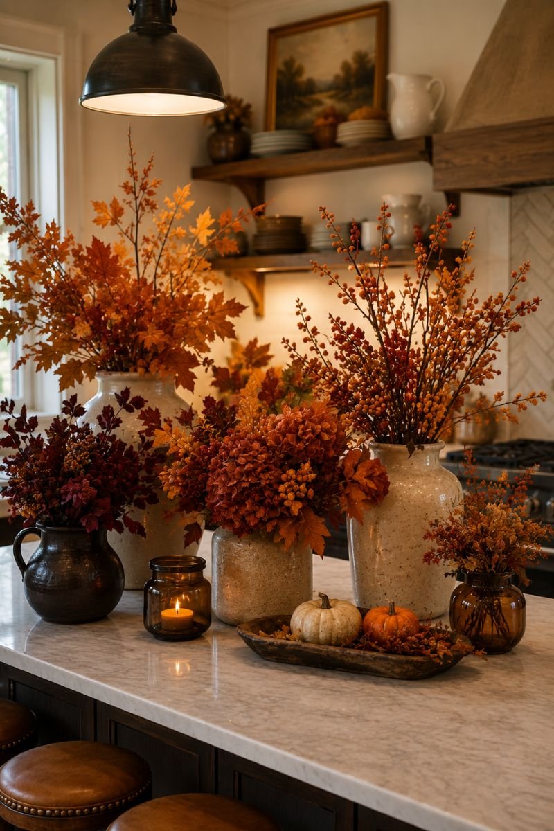 Fall flower arrangements in vases on Thanksgiving kitchen counter