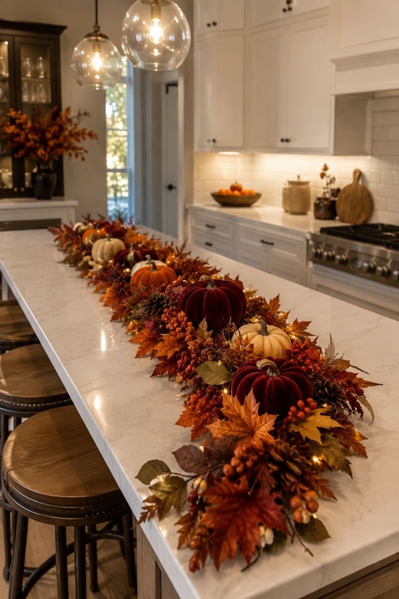 Fall garland with leaves and branches on Thanksgiving kitchen island