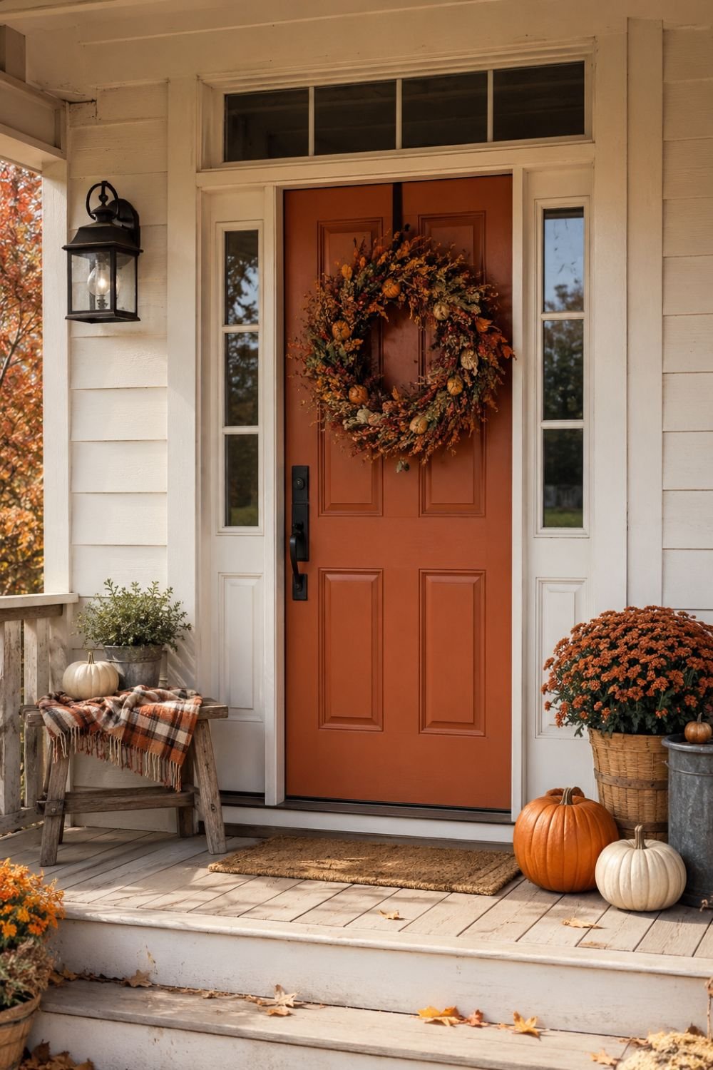 Farmhouse front door painted deep burgundy with fall wreath