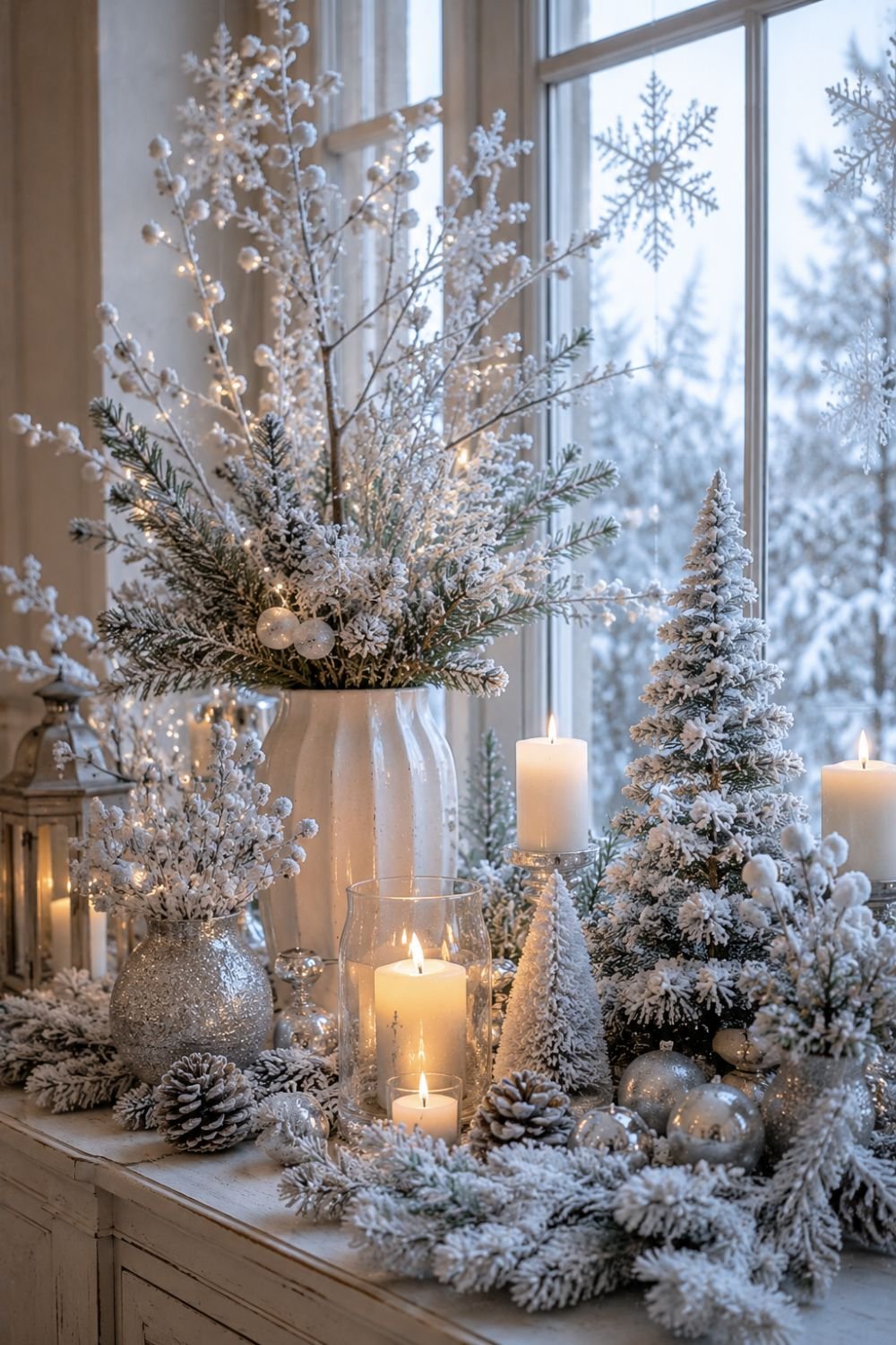 Faux snow on branches and decor creating snowy winter effect