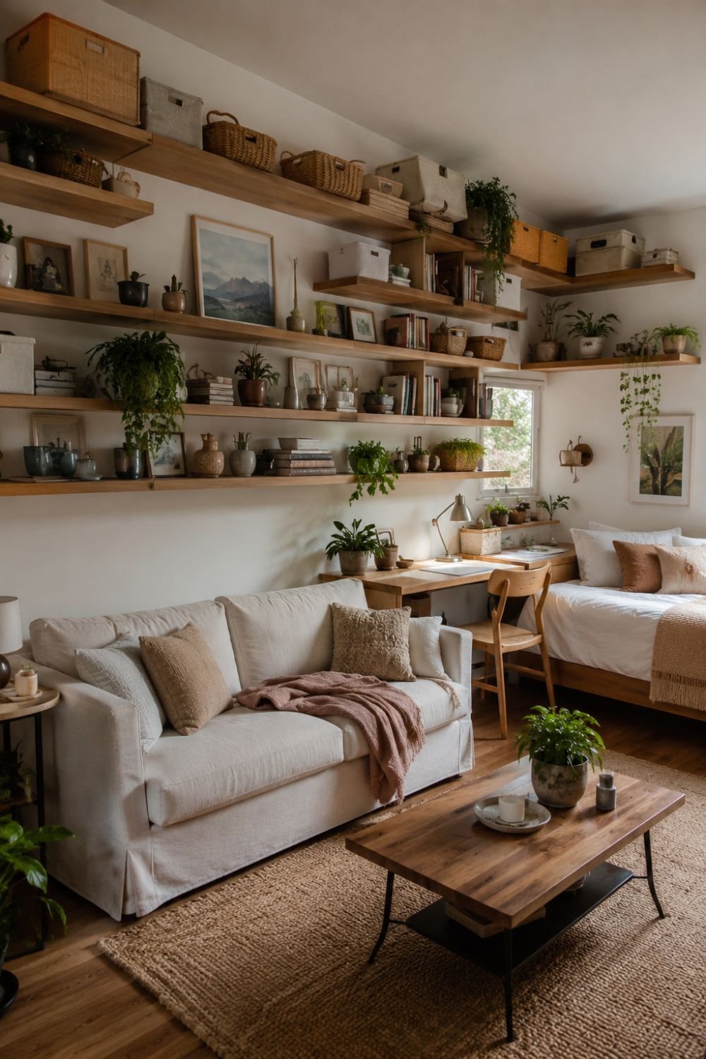 Floating shelves at varying heights on studio apartment walls