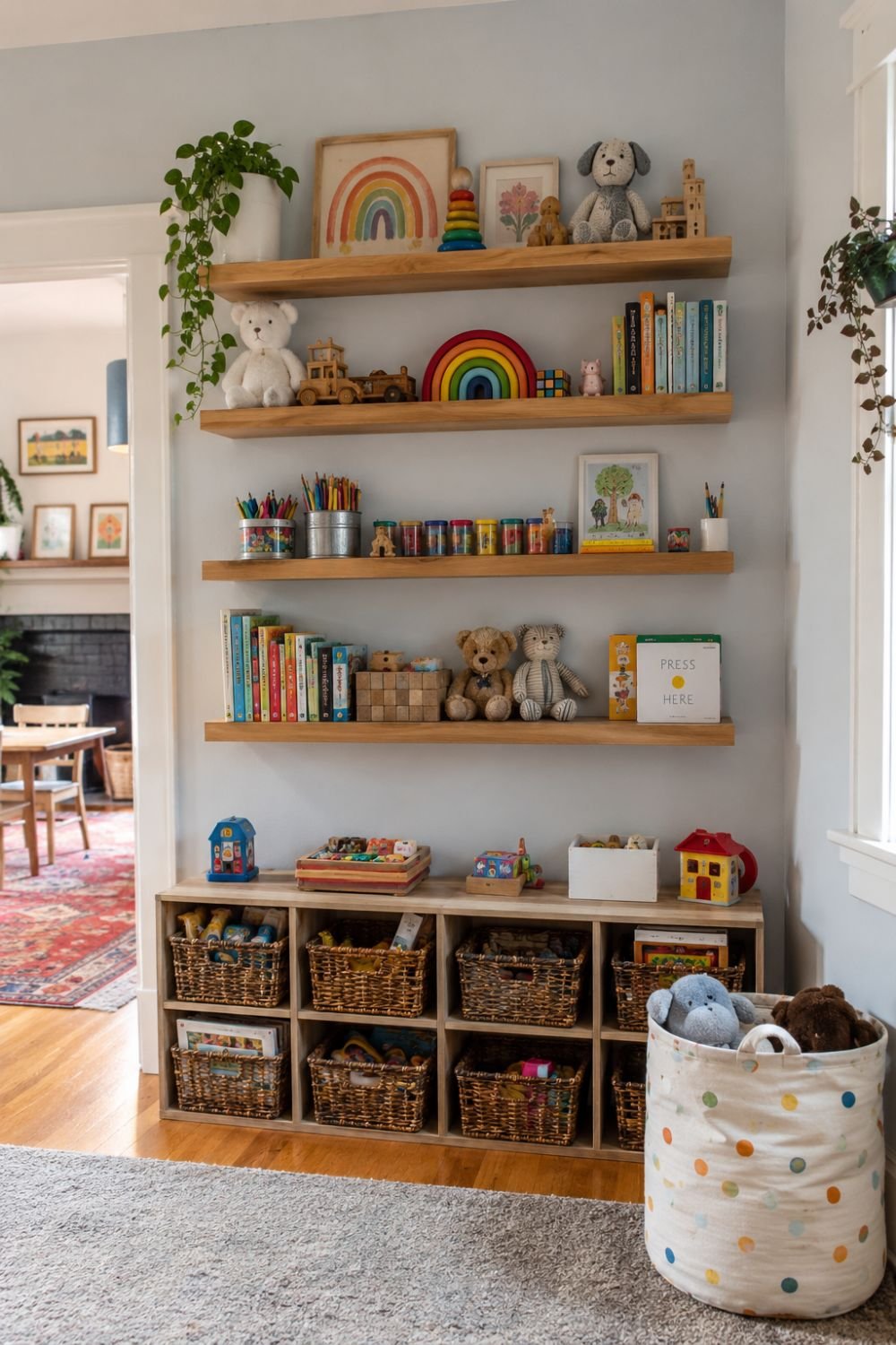 Floating shelves displaying colorful toy collection in kids' playroom