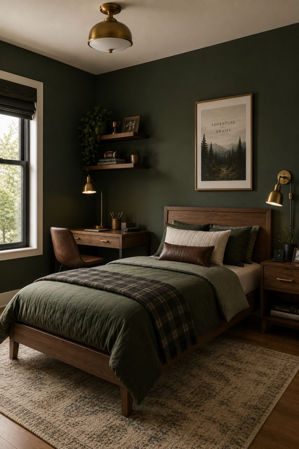 Forest green walls creating rich modern boys bedroom